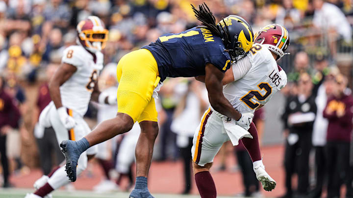 Michigan linebacker Jaishawn Barham (1) sacks Central Michigan quarterback Joe Labas (2)during the first half at Michigan Stadium in Ann Arbor on Saturday, Sept. 13, 2025. Michigan linebacker Jaishawn Barham (1) sacks Central Michigan quarterback Joe Labas (2)during the first half at Michigan Stadium in Ann Arbor on Saturday, Sept. 13, 2025.
