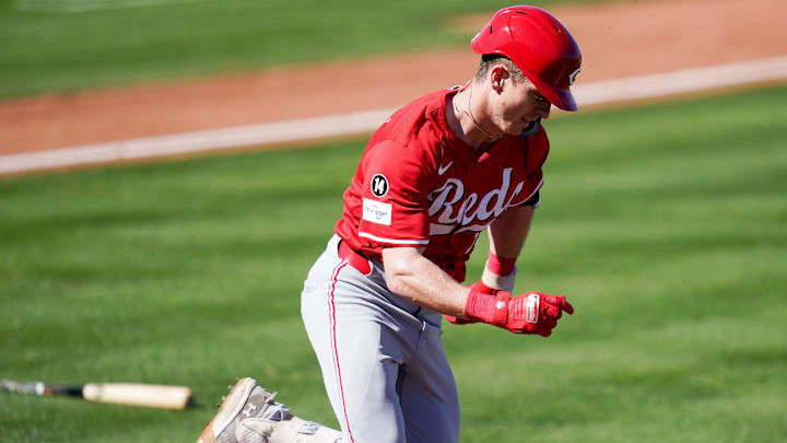 Cincinnati Reds Cooper Bowman (53) attempts to make a run for first base.