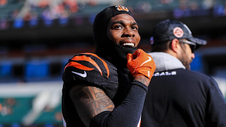 Dec 22, 2024; Cincinnati, Ohio, USA; Cincinnati Bengals cornerback Cam Taylor-Britt (29) walks off the field during warmups before the game against the Cleveland Browns at Paycor Stadium. Mandatory Credit: Katie Stratman-Imagn Images