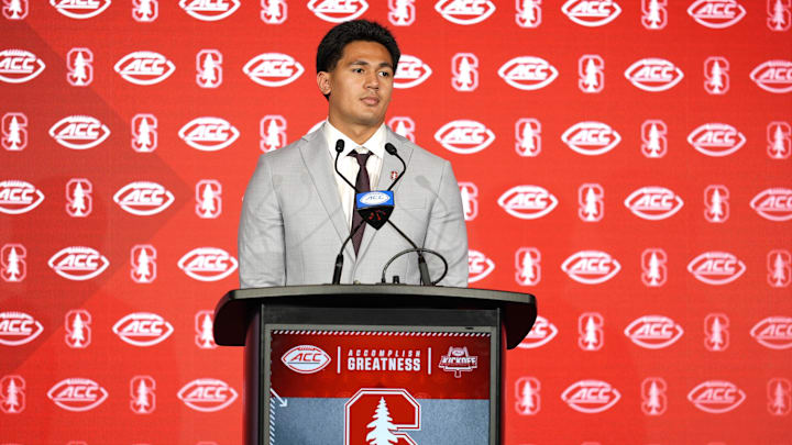 Jul 22, 2025; Charlotte, NC, USA; Stanford offensive lineman Tevarua Tafiti answers questions from the media during ACC Media Days at Hilton Charlotte Uptown. Mandatory Credit: Jim Dedmon-Imagn Images Jul 22, 2025; Charlotte, NC, USA; Stanford offensive lineman Tevarua Tafiti answers questions from the media during ACC Media Days at Hilton Charlotte Uptown. Mandatory Credit: Jim Dedmon-Imagn Images