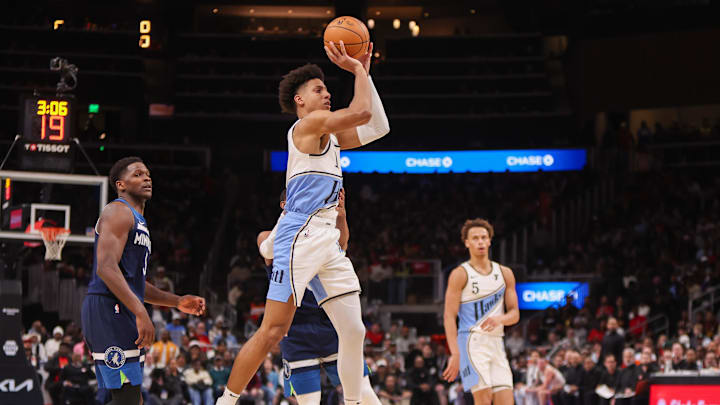 Dec 23, 2024; Atlanta, Georgia, USA; Atlanta Hawks forward Jalen Johnson (1) shoots against the Minnesota Timberwolves in the second quarter at State Farm Arena. Mandatory Credit: Brett Davis-Imagn Images