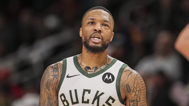 Mar 4, 2025; Atlanta, Georgia, USA; Milwaukee Bucks guard Damian Lillard (0) shown with his eye swollen after being injured earlier in the game against the Atlanta Hawks during the second half at State Farm Arena. Mandatory Credit: Dale Zanine-Imagn Images Mar 4, 2025; Atlanta, Georgia, USA; Milwaukee Bucks guard Damian Lillard (0) shown with his eye swollen after being injured earlier in the game against the Atlanta Hawks during the second half at State Farm Arena. Mandatory Credit: Dale Zanine-Imagn Images