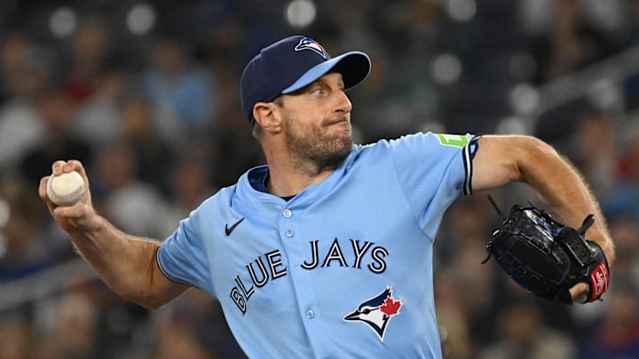 Sep 24, 2025; Toronto, Ontario, CAN;  Toronto Blue Jays starting pitcher Max Scherzer (31) delivers a pitch against the Boston Red Sox in the first inning at Rogers Centre. Mandatory Credit: Dan Hamilton-Imagn Images