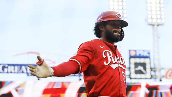 May 17, 2025; Cincinnati, Ohio, USA; Cincinnati Reds outfielder Rece Hinds (57) reacts after hitting a solo home run in the seventh inning against the Cleveland Guardians at Great American Ball Park. Mandatory Credit: Katie Stratman-Imagn Images