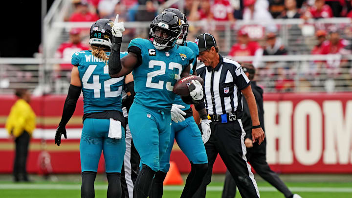 Sep 28, 2025; Santa Clara, California, USA; Jacksonville Jaguars linebacker Foyesade Oluokun (23) reacts after a play during the second half against the San Francisco 49ers at Levi's Stadium. Mandatory Credit: Darren Yamashita-Imagn Images