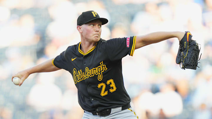 Jul 8, 2025; Kansas City, Missouri, USA; Pittsburgh Pirates starting pitcher Mitch Keller (23) pitches during the first inning against the Kansas City Royals at Kauffman Stadium. Mandatory Credit: Jay Biggerstaff-Imagn Images