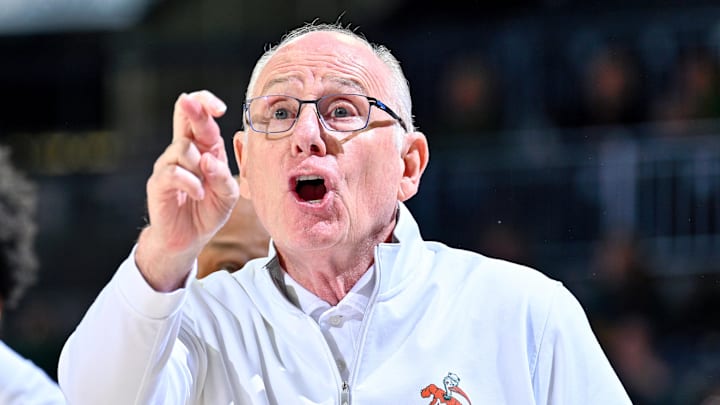 Jan 24, 2024; South Bend, Indiana, USA; Miami Hurricanes head coach Jim Larranaga signals to his players in the first half against the Notre Dame Fighting Irish at the Purcell Pavilion. Mandatory Credit: Matt Cashore-Imagn Images