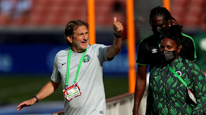 Jun 10, 2021; Houston, Texas, USA; Nigeria head coach Randy Waldrum acknowledges the fans during halftime during a WNT Summer Series international friendly soccer match against Jamaica at BBVA Stadium. Mandatory Credit: Erik Williams-Imagn Images
