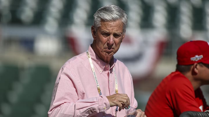 Oct 10, 2022; Atlanta, Georgia, USA; Philadelphia Phillies president Dave Dombrowski watches a team workout for the NLDS at Truist Park.