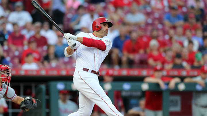 Cincinnati Reds first baseman Joey Votto (19) hits a double in the second inning of an MLB baseball game against the Philadelphia Phillies, Wednesday, Sept. 4, 2019, at Great American Ball Park in Cincinnati. Cincinnati Reds first baseman Joey Votto (19) hits a double in the second inning of an MLB baseball game against the Philadelphia Phillies, Wednesday, Sept. 4, 2019, at Great American Ball Park in Cincinnati.