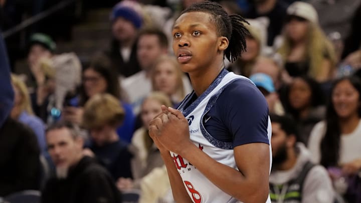 Feb 1, 2025; Minneapolis, Minnesota, USA; Washington Wizards guard Carlton Carrington (8) responds after getting called for a foul while playing the Minnesota Timberwolves in the third quarter at Target Center. Mandatory Credit: Bruce Kluckhohn-Imagn Images