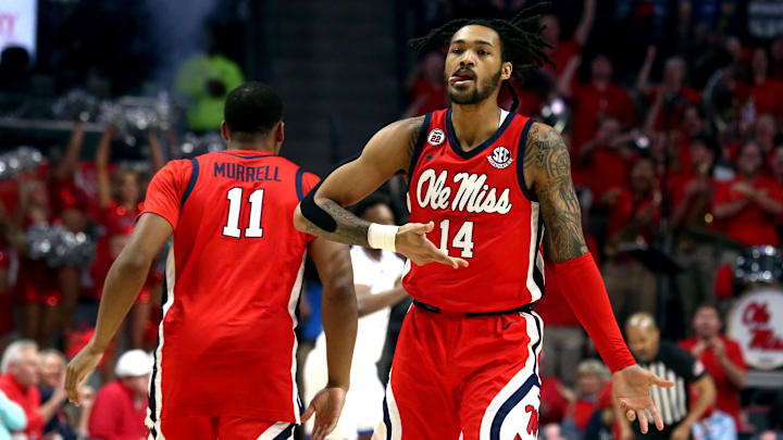 Feb 4, 2025; Oxford, Mississippi, USA; Mississippi Rebels guard Dre Davis (14) reacts during the first half against the Kentucky Wildcats at The Sandy and John Black Pavilion at Ole Miss. Mandatory Credit: Petre Thomas-Imagn Images