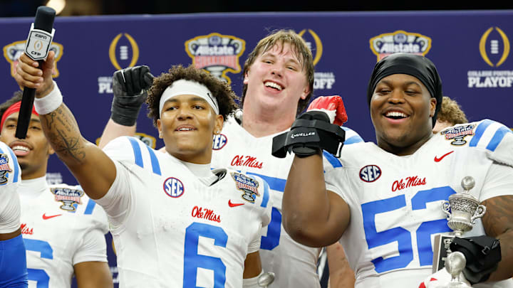 Jan 1, 2026; New Orleans, LA, USA; Mississippi Rebels quarterback Trinidad Chambliss (6) and defensive tackle Will Echoles (52) celebrate after the 2026 Sugar Bowl and quarterfinal game of the College Football Playoff against the Georgia Bulldogs at Caesars Superdome. Mandatory Credit: Amber Searls-Imagn Images