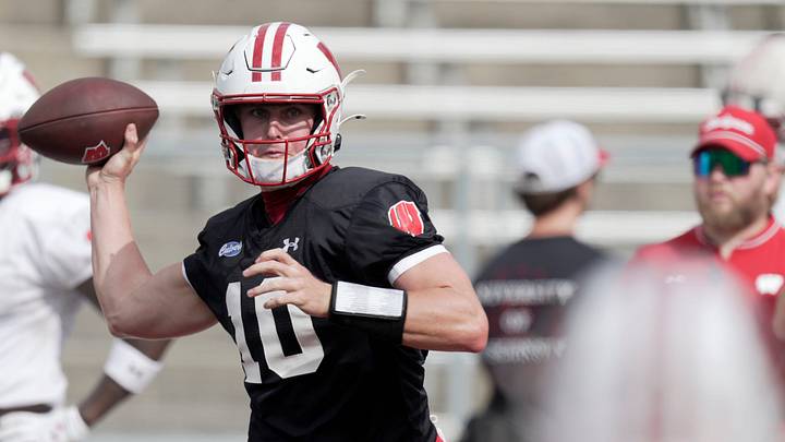 Wisconsin quarterback Ryan Hopkins (10) is shown during football practice Thursday, August 6, 2026 at Camp Randall Stadium in Madison, Wisconsin.