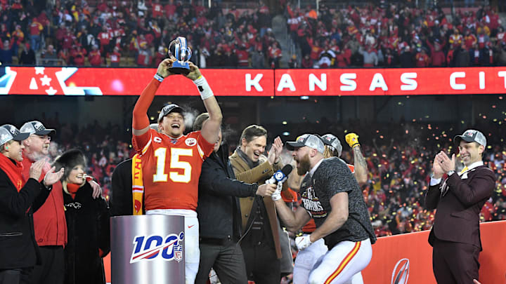 Jan 19, 2020; Kansas City, Missouri, USA; Kansas City Chiefs owner Clark Hunt and head coach Andy