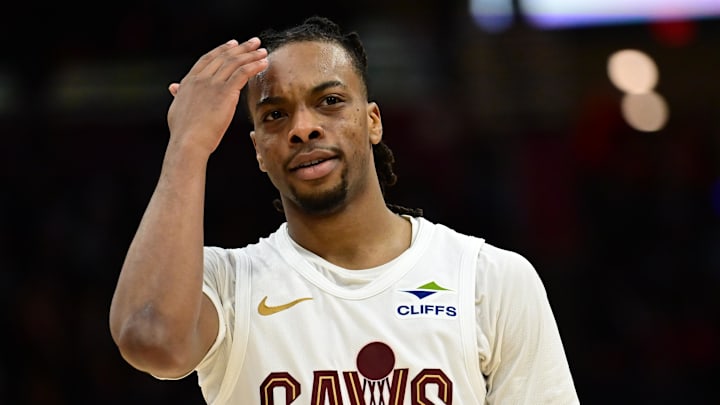 Dec 20, 2024; Cleveland, Ohio, USA; Cleveland Cavaliers guard Darius Garland (10) reacts after a play during the second half against the Milwaukee Bucks at Rocket Mortgage FieldHouse. Mandatory Credit: Ken Blaze-Imagn Images