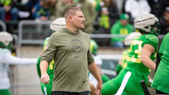 Oregon defensive coordinator Tosh Lupoi walks the field during the Oregon Ducks’ Spring Game Saturday, April 27. 2024 at Autzen Stadium in Eugene, Ore.