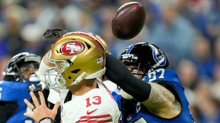 Indianapolis Colts defensive end Laiatu Latu (97) disrupts a pass by San Francisco 49ers quarterback Brock Purdy (13) on Monday, Dec. 22, 2025, during a game at Lucas Oil Stadium in Indianapolis. Indianapolis Colts defensive end Laiatu Latu (97) disrupts a pass by San Francisco 49ers quarterback Brock Purdy (13) on Monday, Dec. 22, 2025, during a game at Lucas Oil Stadium in Indianapolis.
