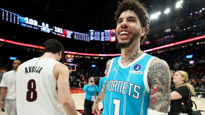 Mar 10, 2026; Portland, Oregon, USA; Charlotte Hornets guard LaMelo Ball (1) reacts after defeating the Portland Trail Blazers in the fourth quarter at Moda Center. Mandatory Credit: Jaime Valdez-Imagn Images