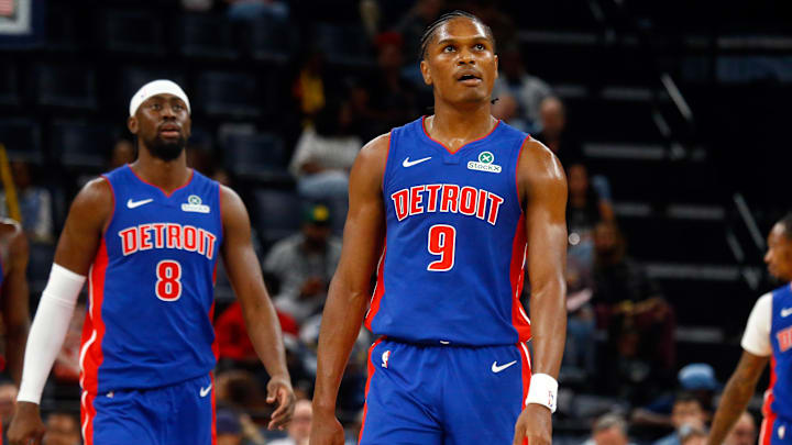 Oct 6, 2025; Memphis, Tennessee, USA; Detroit Pistons forward Ausar Thompson (9) looks on during the third quarter against the Memphis Grizzlies at FedExForum. Mandatory Credit: Petre Thomas-Imagn Images Oct 6, 2025; Memphis, Tennessee, USA; Detroit Pistons forward Ausar Thompson (9) looks on during the third quarter against the Memphis Grizzlies at FedExForum. Mandatory Credit: Petre Thomas-Imagn Images