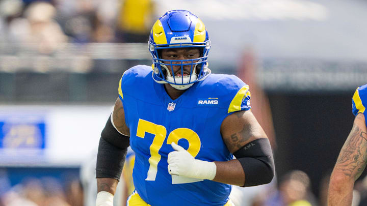 October 15, 2023; Inglewood, California, USA; Los Angeles Rams guard Tremayne Anchrum Jr. (72) before the game against the Arizona Cardinals at SoFi Stadium. Mandatory Credit: Kyle Terada-Imagn Images