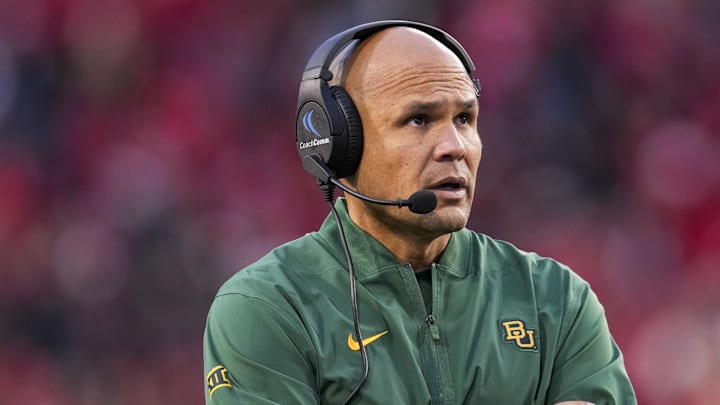 Oct 25, 2025; Cincinnati, Ohio, USA;  Baylor Bears head coach Dave Aranda works the sideline during the game against the Cincinnati Bearcats in the second half at Nippert Stadium. Mandatory Credit: Aaron Doster-Imagn Images