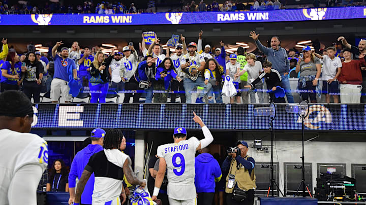 Oct 24, 2024; Inglewood, California, USA; Los Angeles Rams quarterback Matthew Stafford (9) celebrates the victory against the Minnesota Vikings at SoFi Stadium. Mandatory Credit: Gary A. Vasquez-Imagn Images Oct 24, 2024; Inglewood, California, USA; Los Angeles Rams quarterback Matthew Stafford (9) celebrates the victory against the Minnesota Vikings at SoFi Stadium. Mandatory Credit: Gary A. Vasquez-Imagn Images