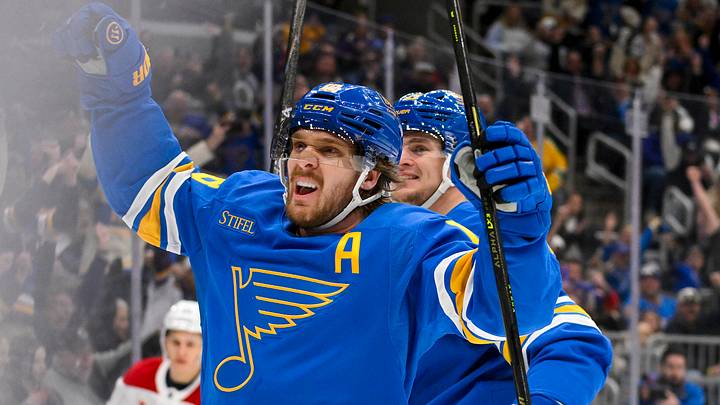 Jan 3, 2026; St. Louis, Missouri, USA; St. Louis Blues center Robert Thomas (18) reacts after scoring a shorthanded goal against the Montreal Canadiens during the second period at Enterprise Center. Mandatory Credit: Jeff Curry-Imagn Images