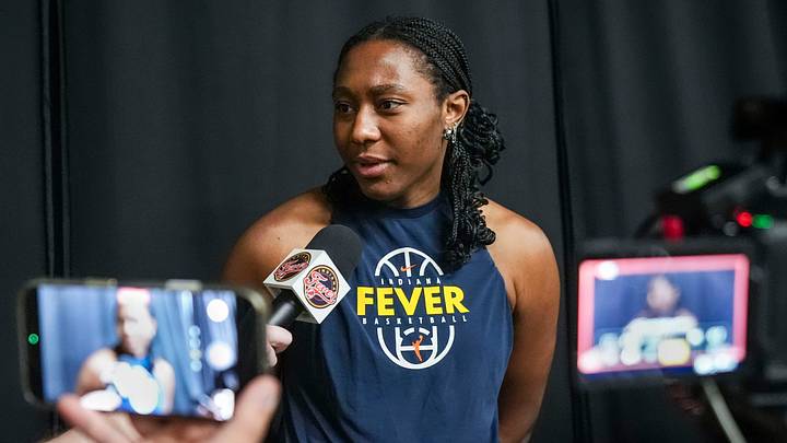 Indiana Fever center Aliyah Boston (7) speaks with media members Thursday, Oct. 1, 2026, before a practice ahead of Game 3 of the first round of the WNBA Playoffs at Michelob ULTRA Arena in Las Vegas.
