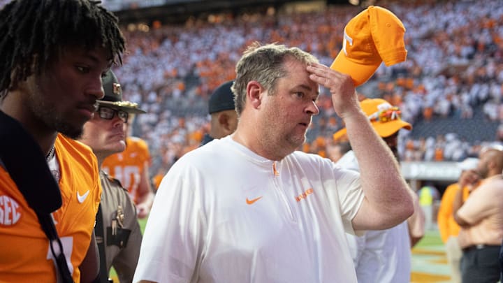 Tennessee head coach Josh Heupel walks off the field after the loss to Georgia in an NCAA college football game on September 13, 2025, Knoxville, Tennessee.