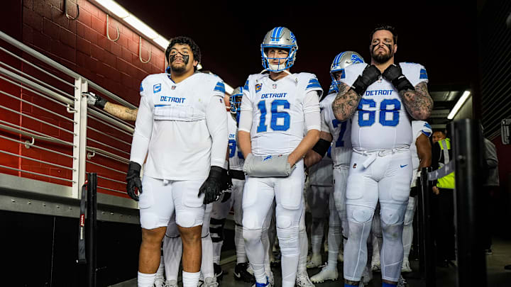 Detroit Lions offensive tackle Penei Sewell (58), quarterback Jared Goff (16) and offensive tackle Taylor Decker (68). Detroit Lions offensive tackle Penei Sewell (58), quarterback Jared Goff (16) and offensive tackle Taylor Decker (68).