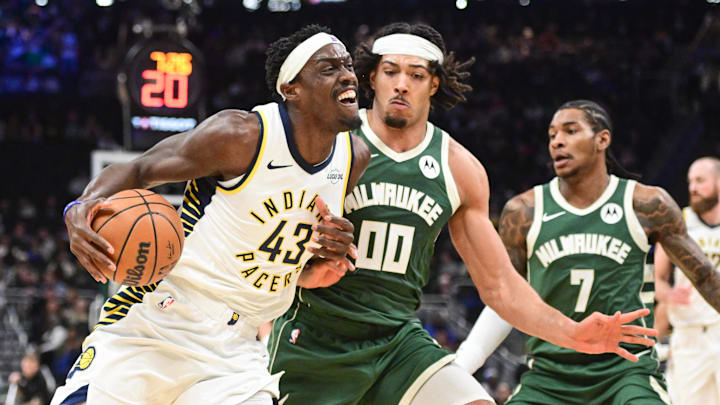 Feb 6, 2026; Milwaukee, Wisconsin, USA;  Indiana Pacers forward Pascal Siakam (43) drives for the basket against Milwaukee Bucks center Jericho Sims (00) in the first quarter at Fiserv Forum. Mandatory Credit: Benny Sieu-Imagn Images