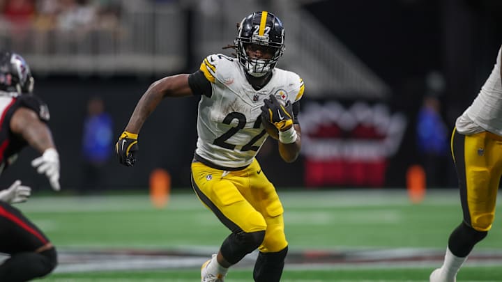 Sep 8, 2024; Atlanta, Georgia, USA; Pittsburgh Steelers running back Najee Harris (22) runs the ball against the Atlanta Falcons in the third quarter at Mercedes-Benz Stadium. Mandatory Credit: Brett Davis-Imagn Images