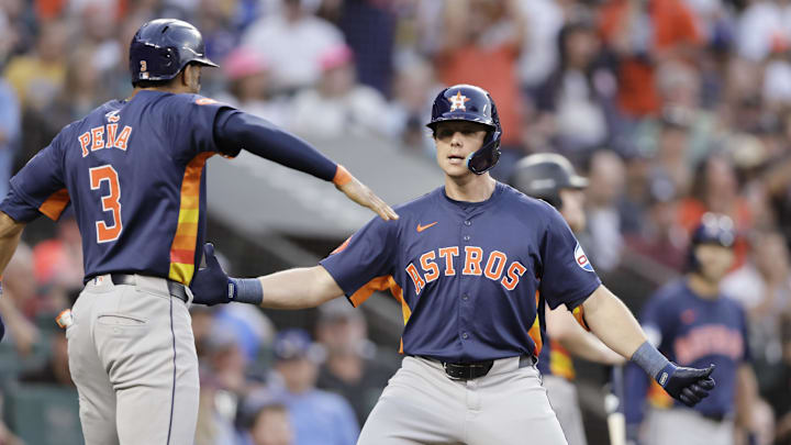 Jul 20, 2024; Seattle, Washington, USA; Houston Astros center fielder Jake Meyers (6) celebrates with shortstop Jeremy Pena (3)   after hitting a two-run home run against the Seattle Mariners during the seventh inning at T-Mobile Park. 