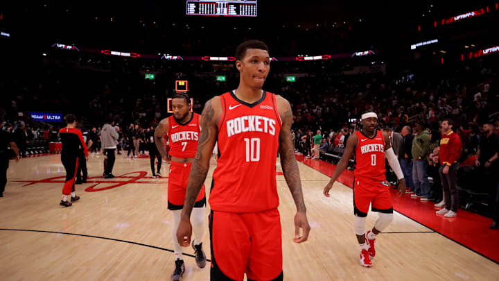 Dec 29, 2024; Houston, Texas, USA; Houston Rockets forward Jabari Smith Jr (10) leaves the court following the game against the Miami Heat during the fourth quarter at Toyota Center. Mandatory Credit: Erik Williams-Imagn Images
