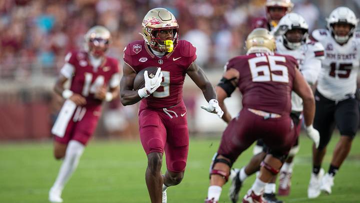 Florida State Seminoles running back Samuel Singleton Jr. (3) sprints towards the end zone.  The Florida State Seminoles defeated the New Mexico State Aggies 34-17 at Doak Campbell Stadium on Saturday, Aug. 29, 2026.