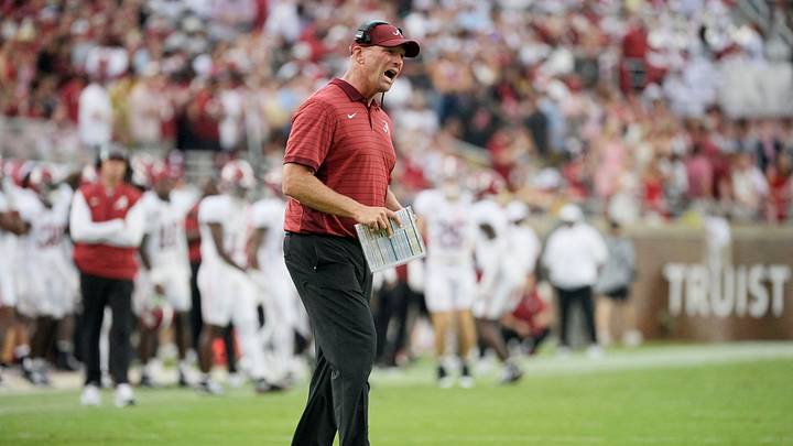 Aug 30, 2025; Tallahassee, Florida, USA; Alabama Crimson Tide head coach Kalen DeBoer reacts after a play against the Florida State Seminoles during the second half at Doak S. Campbell Stadium. Mandatory Credit: Melina Myers-Imagn Images Aug 30, 2025; Tallahassee, Florida, USA; Alabama Crimson Tide head coach Kalen DeBoer reacts after a play against the Florida State Seminoles during the second half at Doak S. Campbell Stadium. Mandatory Credit: Melina Myers-Imagn Images