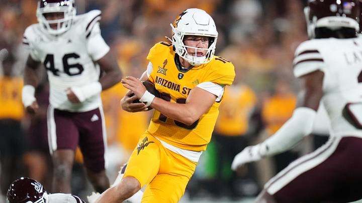 Arizona State quarterback Sam Leavitt (10) scrambles out of the backfield against the Mississippi State Bulldogs at Mountain America Stadium in Tempe on Sept. 7, 2024. Arizona State quarterback Sam Leavitt (10) scrambles out of the backfield against the Mississippi State Bulldogs at Mountain America Stadium in Tempe on Sept. 7, 2024.