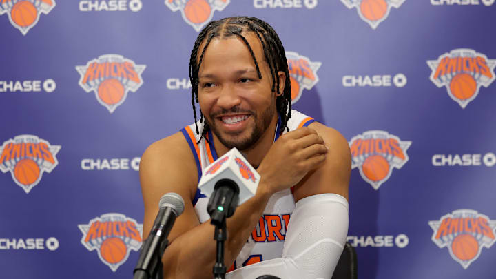 Sep 23, 2025; New York, NY, USA; New York Knicks guard Jalen Brunson speaks to the media during a media day press conference at the Madison Square Garden training center. Mandatory Credit: Brad Penner-Imagn Images