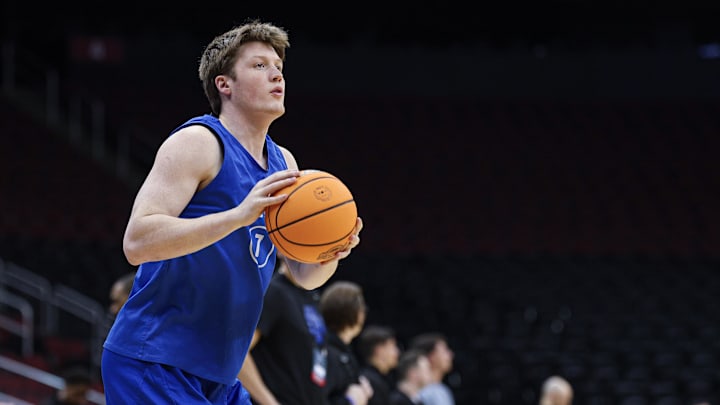 Mar 26, 2025; Newark, NJ, USA; Duke Blue Devils guard Kon Knueppel (7) during a practice session in preparation for an East Regional semifinal game against the Arizona Wildcats at Prudential Center. Mandatory Credit: Vincent Carchietta-Imagn Images