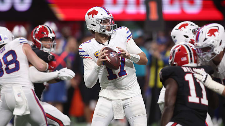 Oct 13, 2025; Atlanta, Georgia, USA; Buffalo Bills quarterback Josh Allen (17) stands in the pocket against the Atlanta Falcons