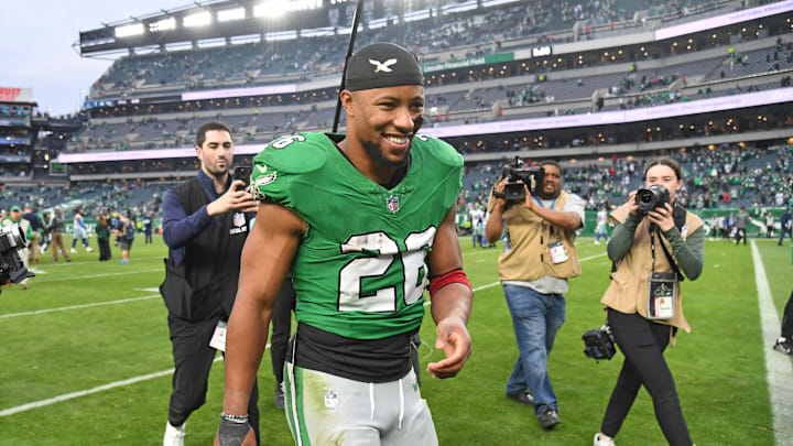 Dec 29, 2024; Philadelphia, Pennsylvania, USA; Philadelphia Eagles running back Saquon Barkley (26) runs off the field after win against the Dallas Cowboys at Lincoln Financial Field. Mandatory Credit: Eric Hartline-Imagn Images