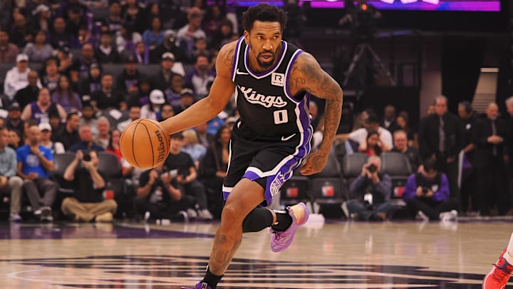 Feb 8, 2025; Sacramento, California, USA; Sacramento Kings guard Malik Monk (0) dribbles the ball against the New Orleans Pelicans during the first quarter at Golden 1 Center. Mandatory Credit: Kelley L Cox-Imagn Images