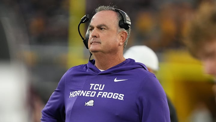 Sep 26, 2025; Tempe, Arizona, USA; TCU Horned Frogs head coach Sonny Dykes looks on against Arizona State Sun Devils in the first half at Mountain America Stadium, Home of the ASU Sun Devils. Mandatory Credit: Jacob Reiner-Imagn Images Sep 26, 2025; Tempe, Arizona, USA; TCU Horned Frogs head coach Sonny Dykes looks on against Arizona State Sun Devils in the first half at Mountain America Stadium, Home of the ASU Sun Devils. Mandatory Credit: Jacob Reiner-Imagn Images