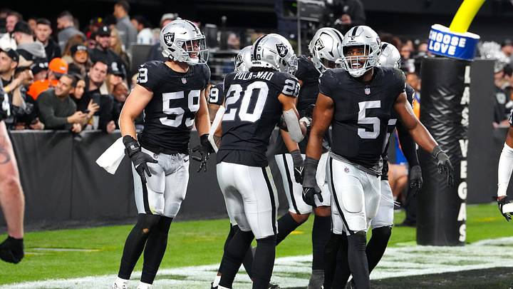 Jan 7, 2024; Paradise, Nevada, USA; Las Vegas Raiders players celebrate after Las Vegas Raiders safety Tre'von Moehrig (25) intercepted a Denver Broncos quarterback Jarrett Stidham (4) pass during the fourth quarter at Allegiant Stadium. Mandatory Credit: Stephen R. Sylvanie-USA TODAY Sports Jan 7, 2024; Paradise, Nevada, USA; Las Vegas Raiders players celebrate after Las Vegas Raiders safety Tre'von Moehrig (25) intercepted a Denver Broncos quarterback Jarrett Stidham (4) pass during the fourth quarter at Allegiant Stadium. Mandatory Credit: Stephen R. Sylvanie-USA TODAY Sports