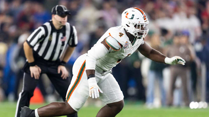 Jan 8, 2026; Glendale, AZ, USA; Miami Hurricanes defensive lineman Rueben Bain Jr. (4) against the Mississippi Rebels during the 2026 Fiesta Bowl and semifinal game of the College Football Playoff at State Farm Stadium. Mandatory Credit: Mark J. Rebilas-Imagn Images Jan 8, 2026; Glendale, AZ, USA; Miami Hurricanes defensive lineman Rueben Bain Jr. (4) against the Mississippi Rebels during the 2026 Fiesta Bowl and semifinal game of the College Football Playoff at State Farm Stadium. Mandatory Credit: Mark J. Rebilas-Imagn Images