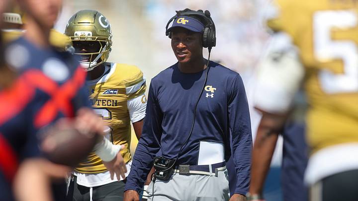 Sep 19, 2026; Atlanta, Georgia, USA; Georgia Tech Yellow Jackets assistant wide receivers coach DeAndre Hopkins on the sideline against the Mercer Bears in the third quarter at Bobby Dodd Stadium at Hyundai Field. Mandatory Credit: Brett Davis-Imagn Images