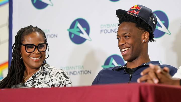 Brockton's AJ Dybantsa and his mother Chelsea share a laugh after he declares for the 2026 NBA Draft at Davis School (K-8) in Brockton on Thursday, April 23, 2026. Brockton's AJ Dybantsa and his mother Chelsea share a laugh after he declares for the 2026 NBA Draft at Davis School (K-8) in Brockton on Thursday, April 23, 2026.