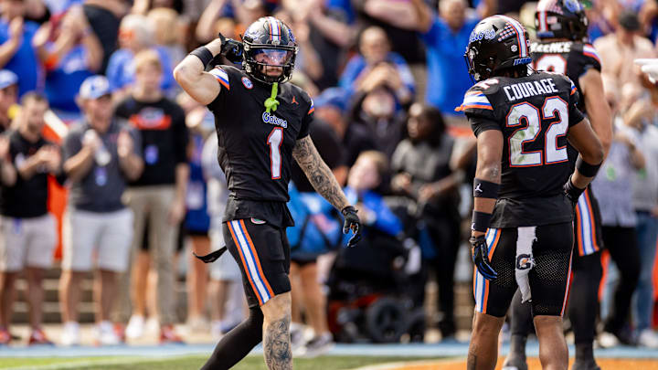 Florida Gators wide receiver Ricky Pearsall (1) gestures in the endzone during the second half