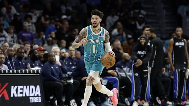 Mar 19, 2026; Charlotte, North Carolina, USA; Charlotte Hornets guard LaMelo Ball (1) dribbles the ball up the court during the first quarter against the Orlando Magic at Spectrum Center. Mandatory Credit: Brian Westerholt-Imagn Images